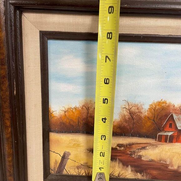 VTG Hand Painted Farm Red Barn Painting Field Wood Framed Signed Dee 14x15 - HN - Picture 5 of 7